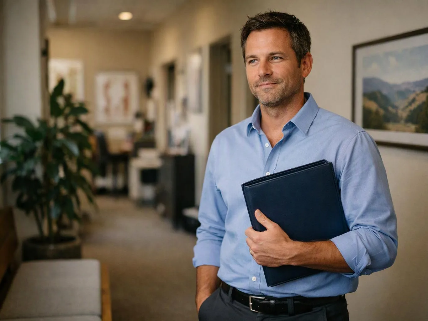 A man in a light blue shirt holds a dark folder in a quiet office hallway