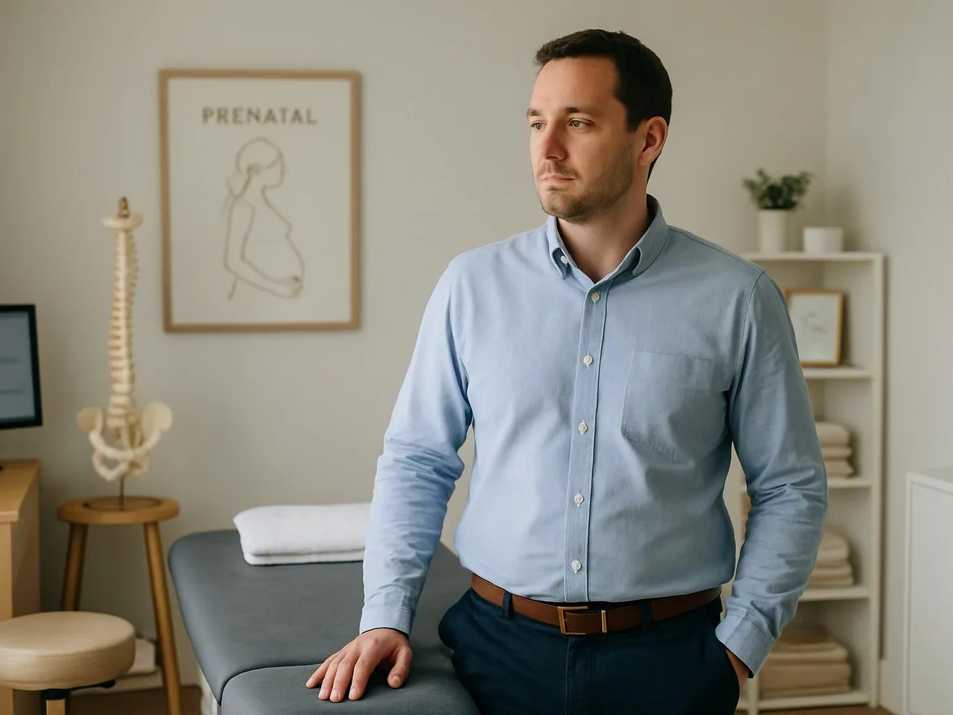 A man in a light blue shirt stands in a prenatal clinic room beside an exam table, looking off to the side