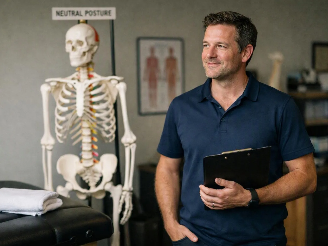 A man in a navy polo holds a clipboard beside a skeleton model in a clinic room