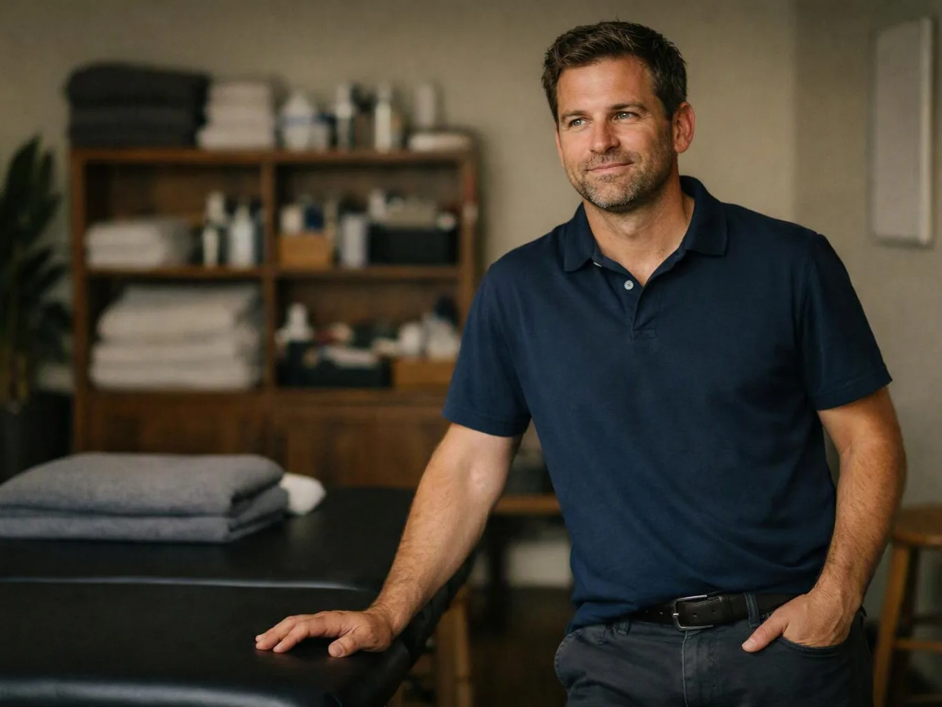 A man in a navy polo leans on a massage table in a quiet treatment room