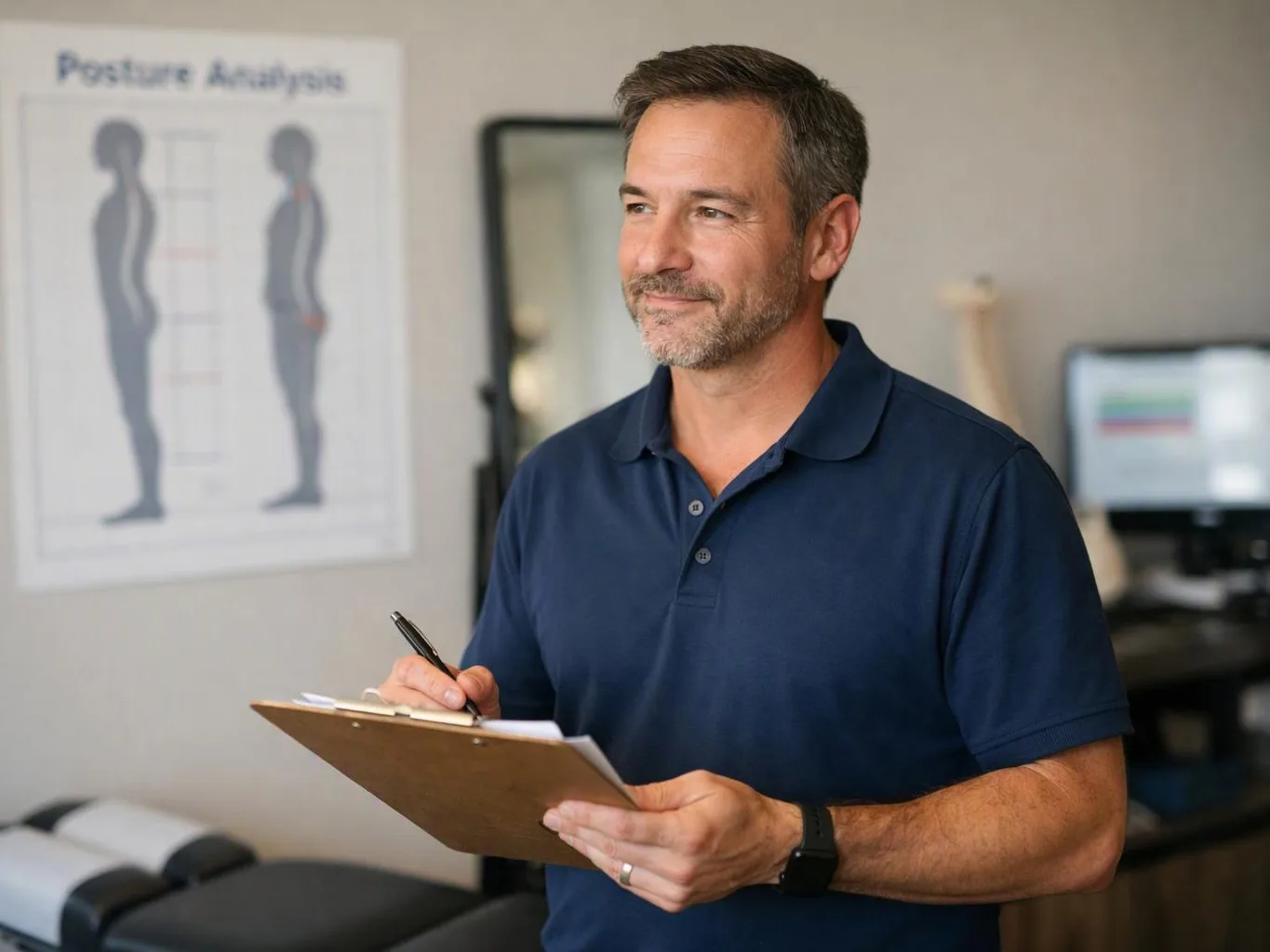 A man in a navy polo writes on a clipboard in a clinic room with a posture analysis poster