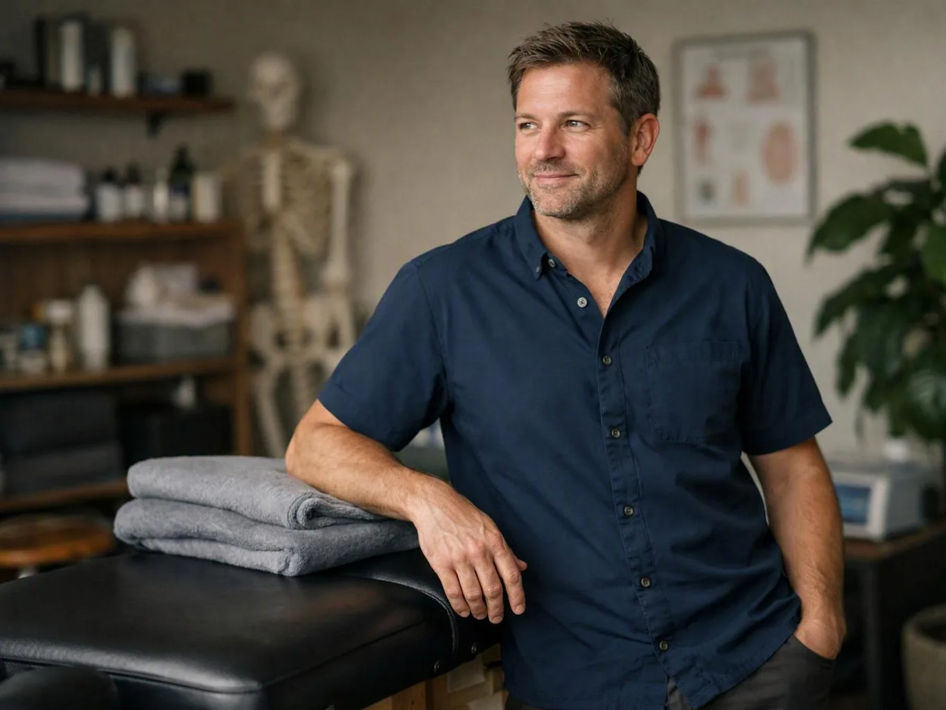 A man in a navy shirt leans on a treatment table with folded towels in a calm clinic room
