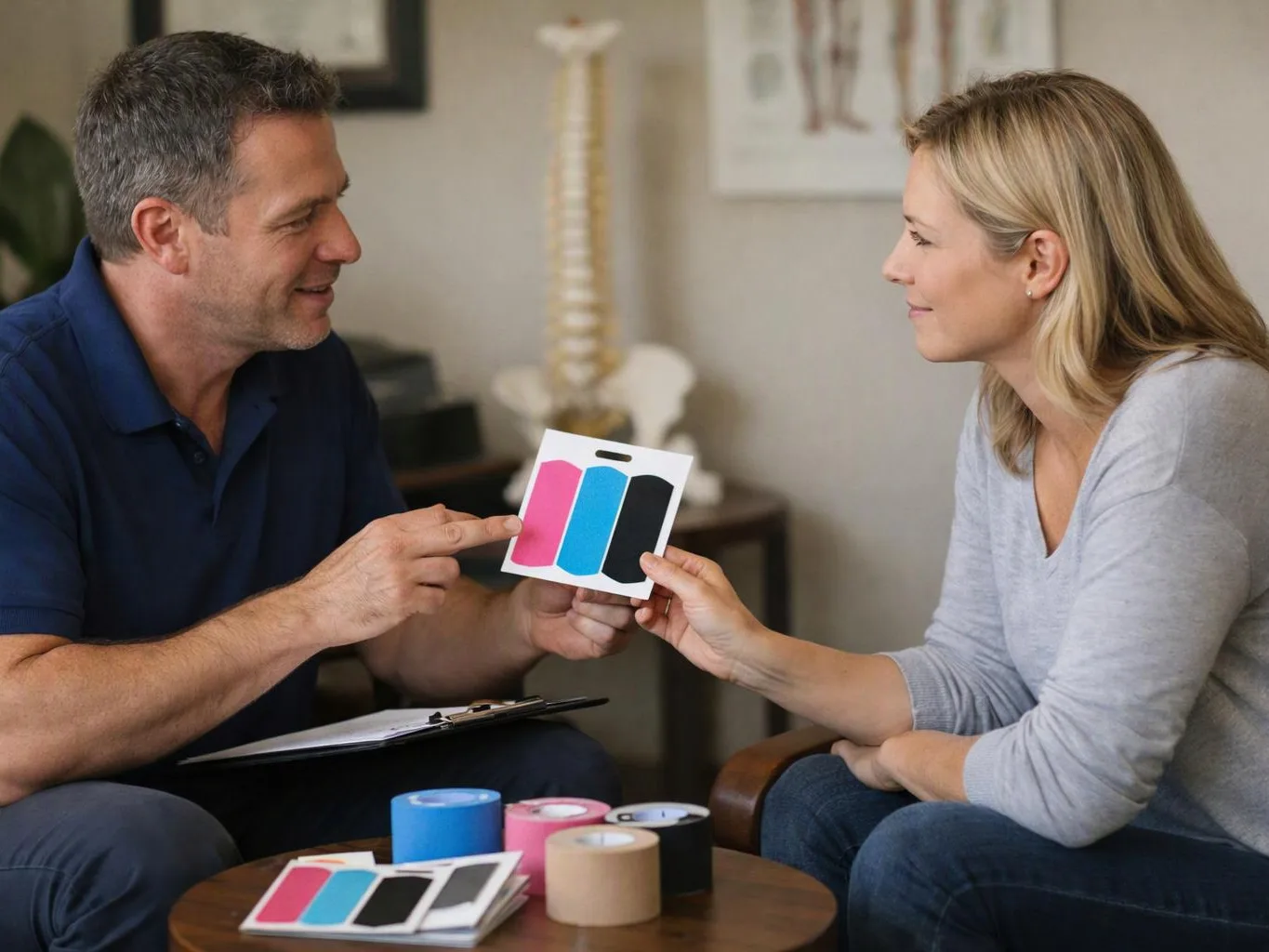 A man points at a color swatch card while a woman holds it in a consultation room