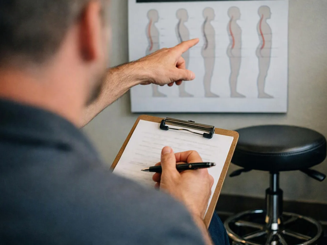 A man points at a posture chart while holding a clipboard in a clinic room