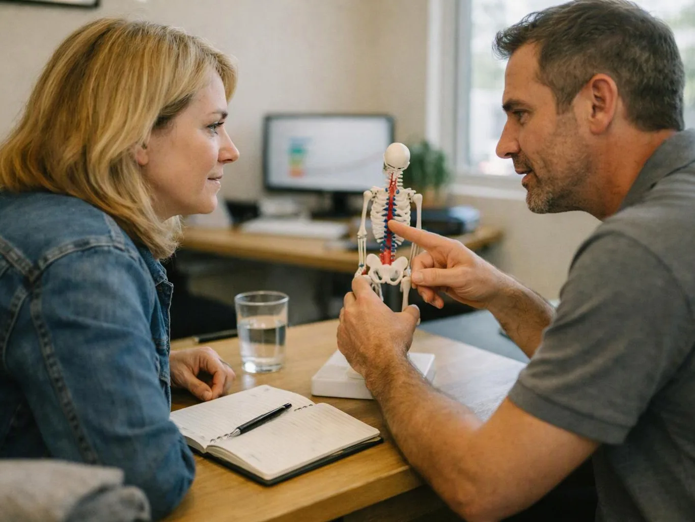 A man points to a small skeleton model while talking with a woman across a desk in an office