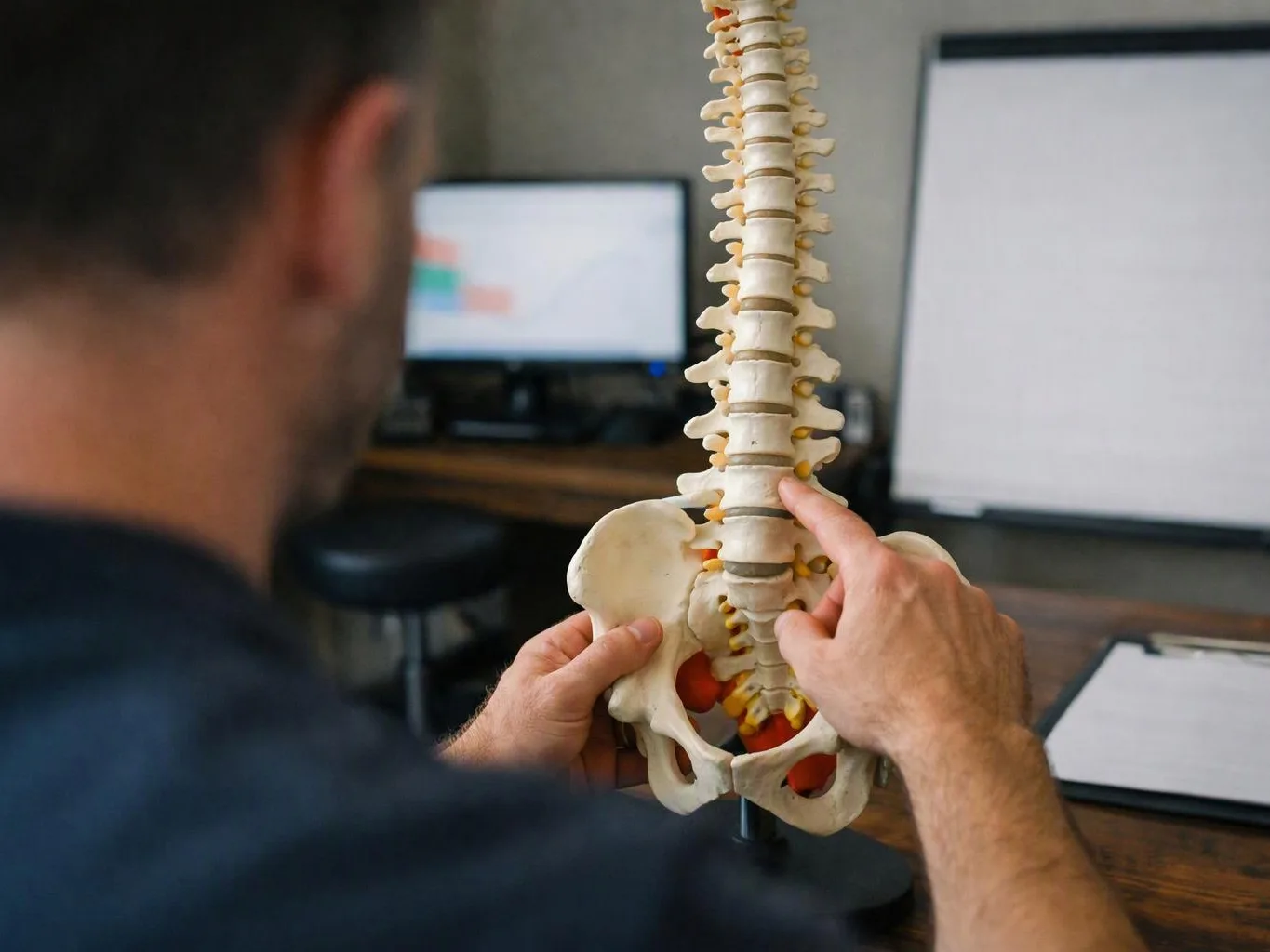 A man points at a spine model on a desk in a quiet office setting