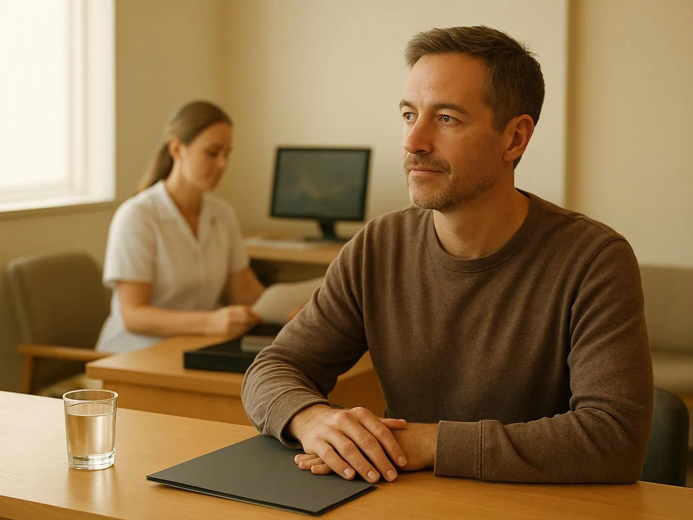 A man sits at a desk with a folder and glass of water, while a woman in white reviews papers behind him
