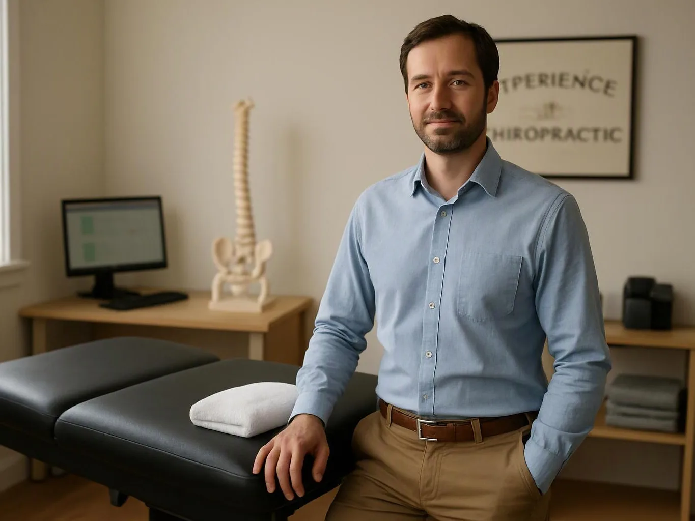 A man stands beside a black massage table in a clinic room with a spine model and a blurred wall sign