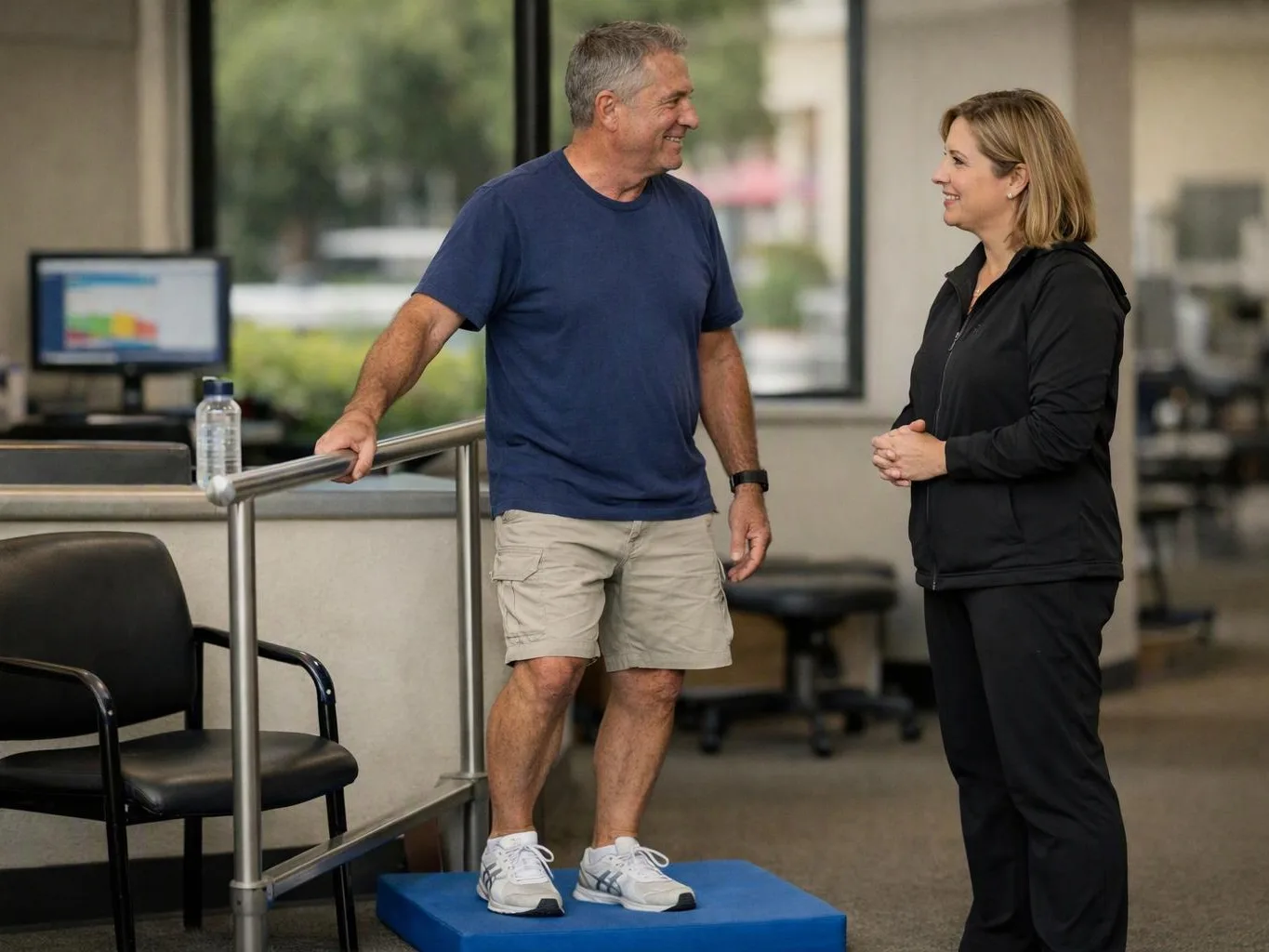 A man stands on a blue foam step in a clinic while a woman talks with him nearby