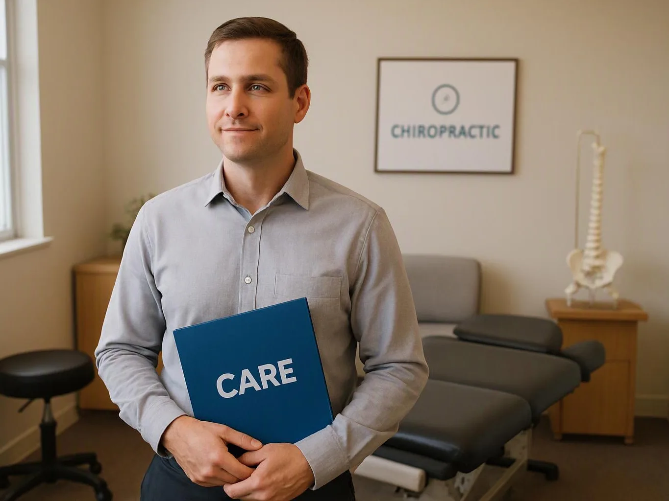 A man stands in a chiropractic office holding a blue folder labeled CARE