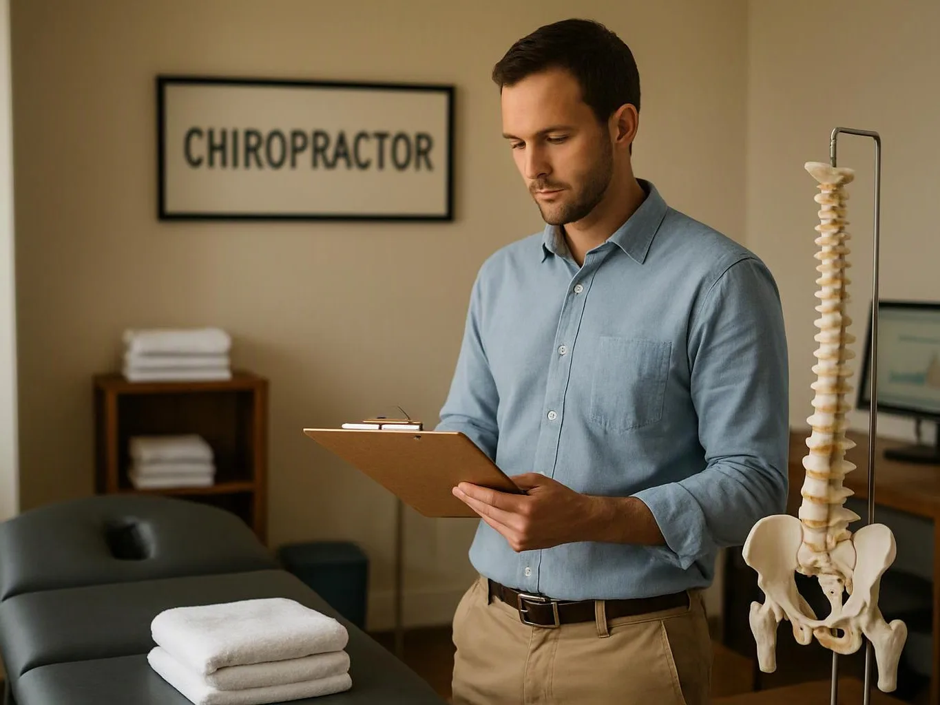 A man stands in a chiropractic office, reading a clipboard beside an exam table and spine model