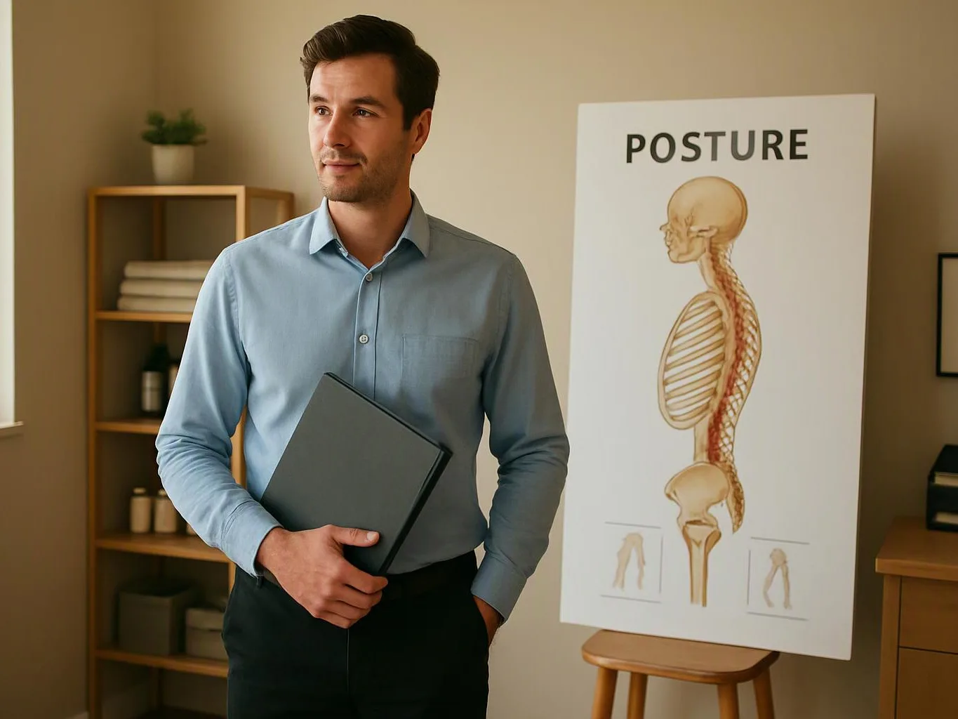 A man stands holding a folder beside a poster showing a human spine and the word “POSTURE”