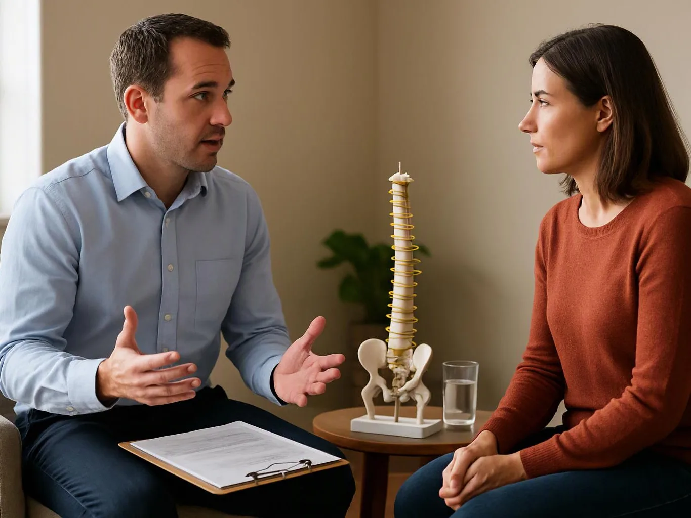 A man talks to a woman beside a spine model, with papers and a glass of water on a small table