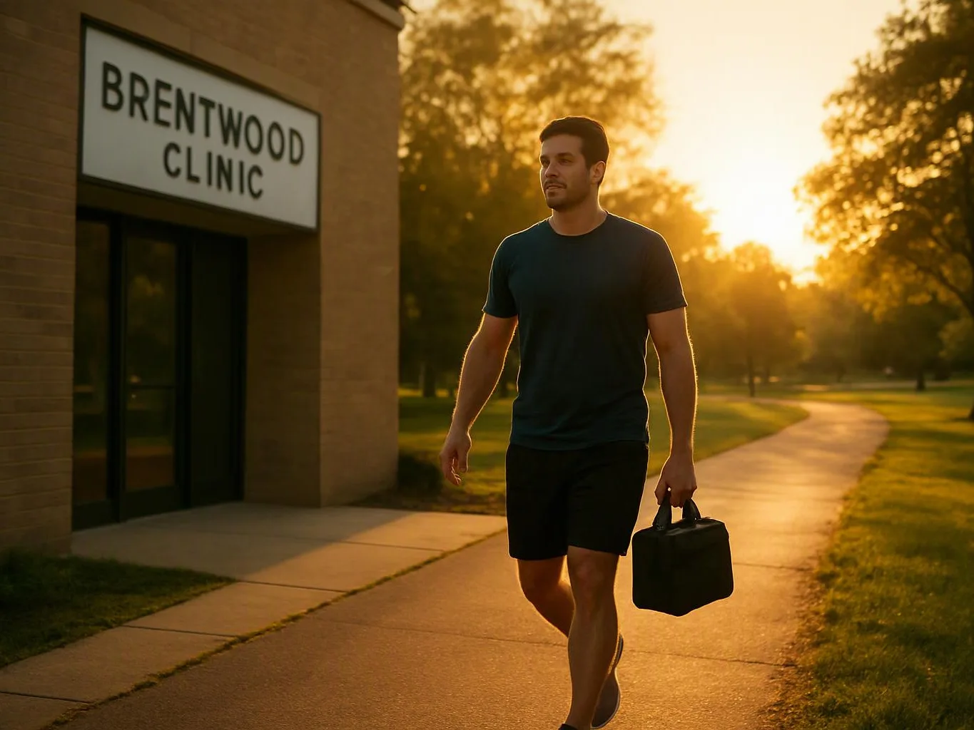 A man walks past a clinic sign at sunset, carrying a black bag along a path