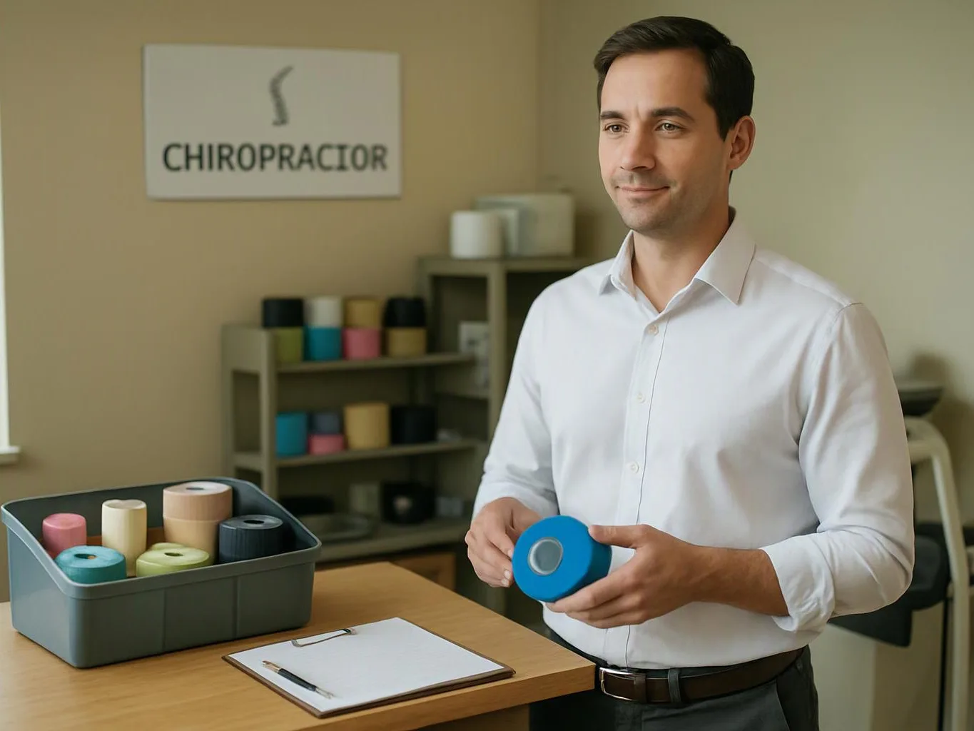 A man in a white shirt holds a blue roll of tape beside a box of colorful rolls in a clinic room