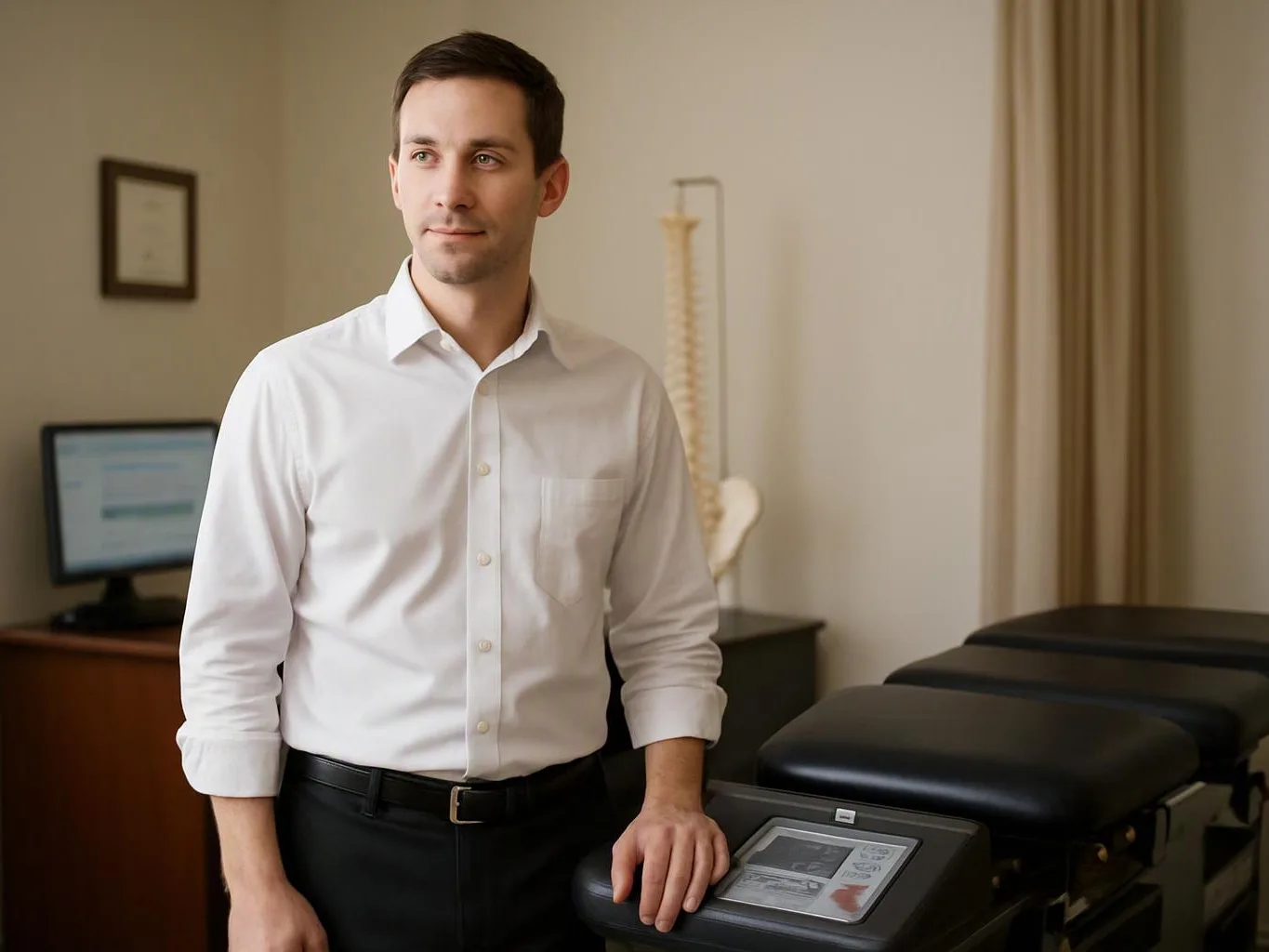 A man in a white shirt stands beside a treatment table in a quiet medical office