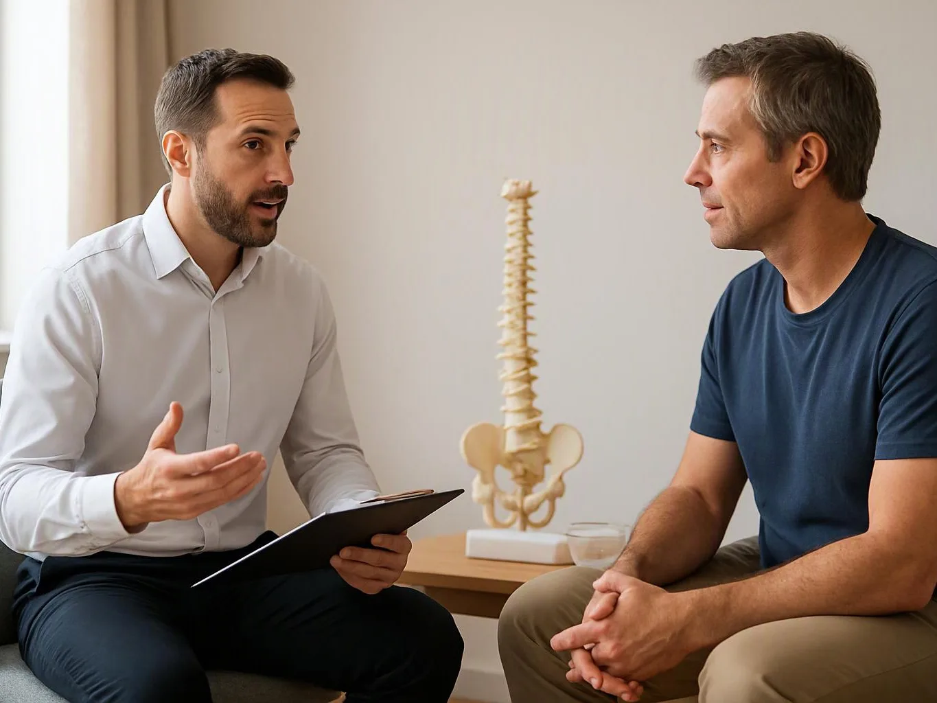A man in a white shirt talks with a seated man beside a spine model in a bright room