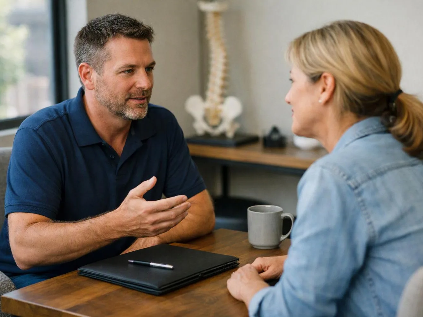 A man and woman talk across a table, with a mug, notebook, and spine model in a bright office