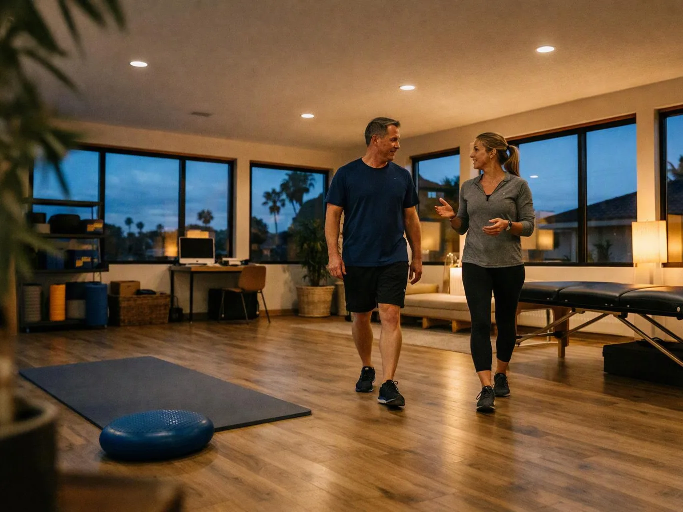 A man and woman walk and talk in a bright fitness studio with mats and exercise equipment