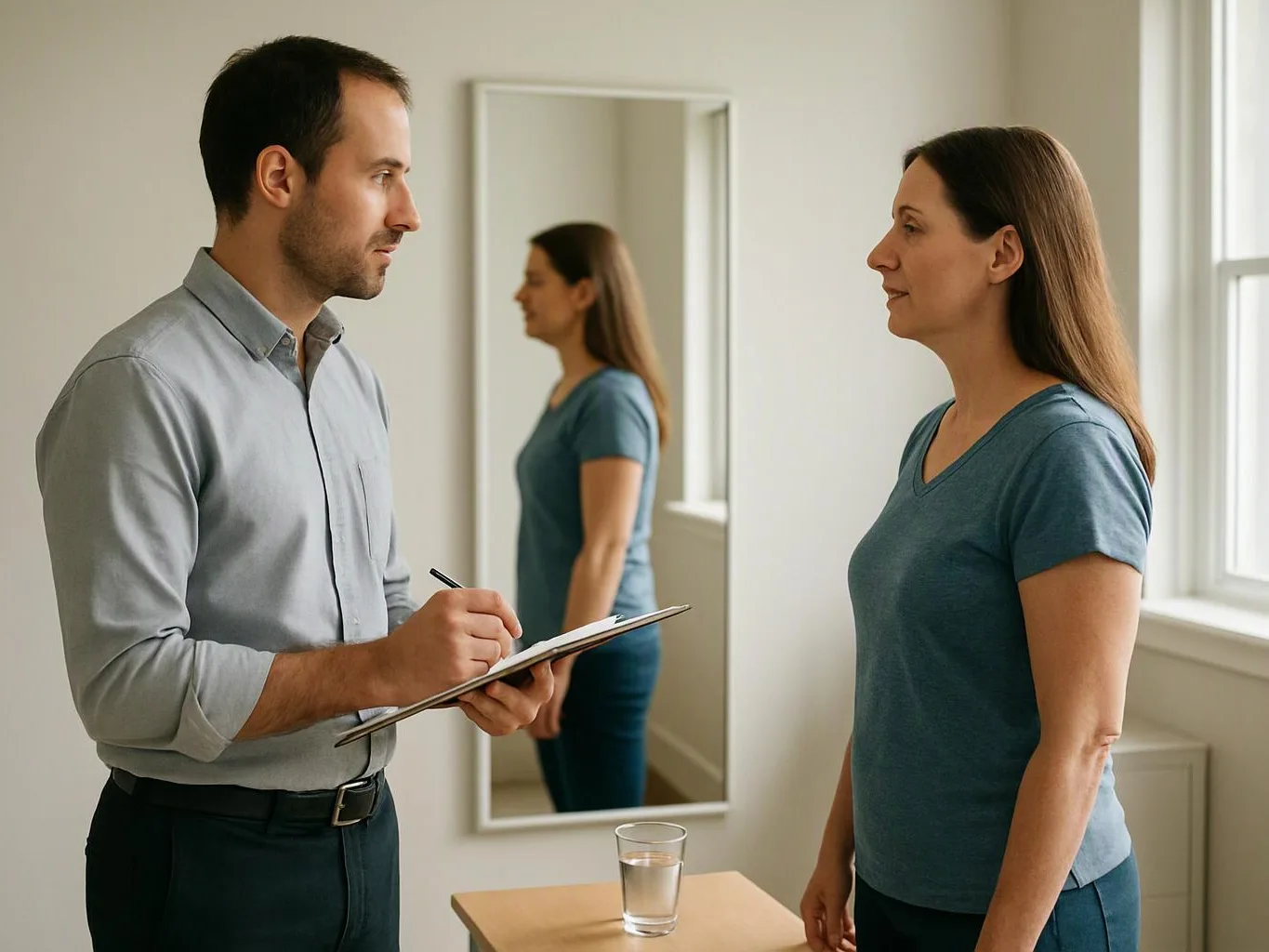 A man writes on a clipboard while facing a woman in a bright room with a mirror and window