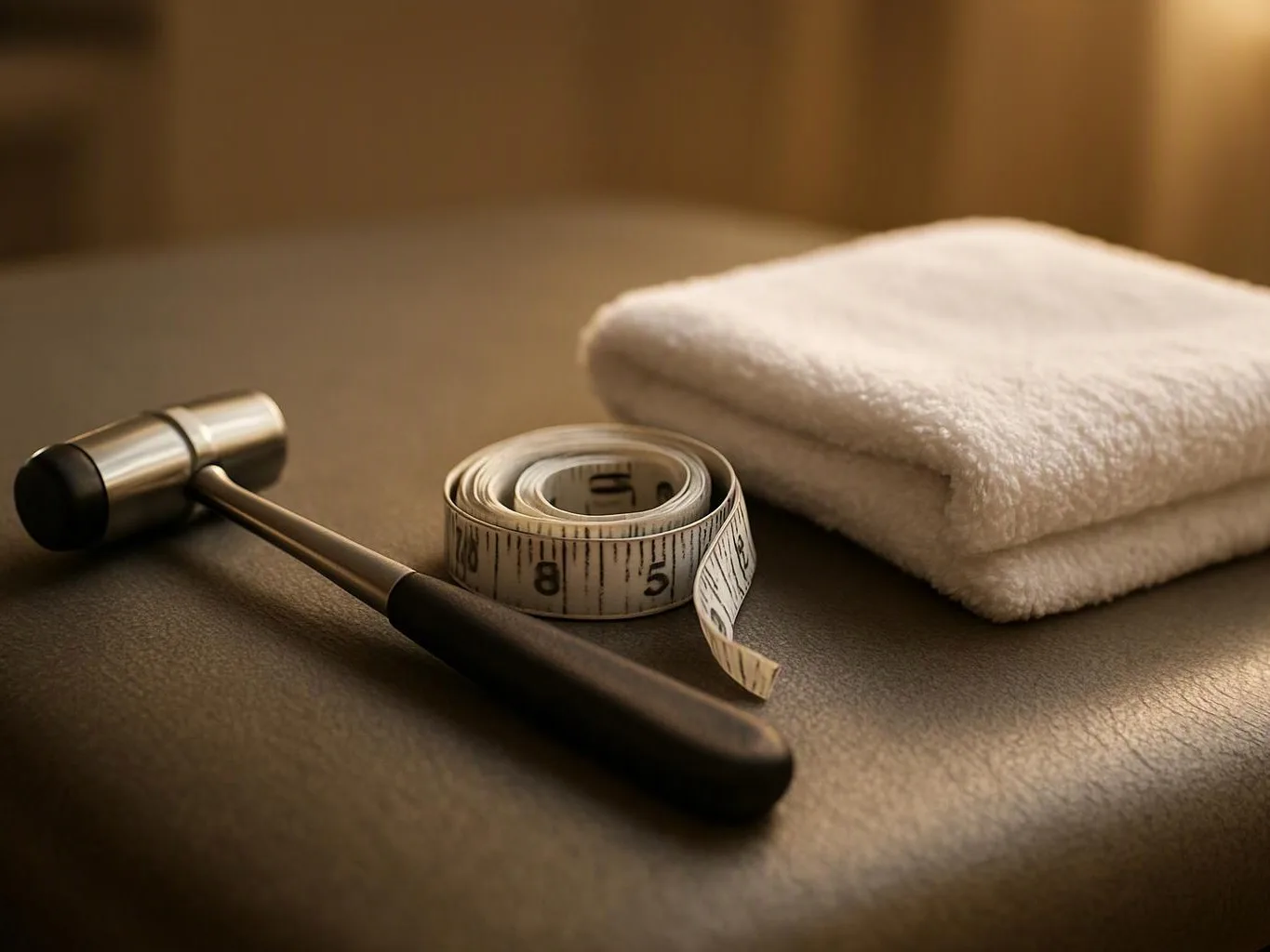 A massage hammer, rolled measuring tape, and folded white towel rest on a brown table in warm light