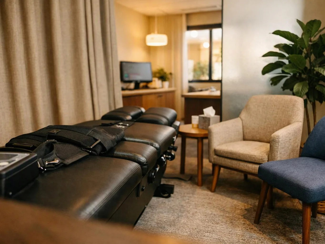 A massage room shows a padded treatment table, armchairs, a small table, and a potted plant
