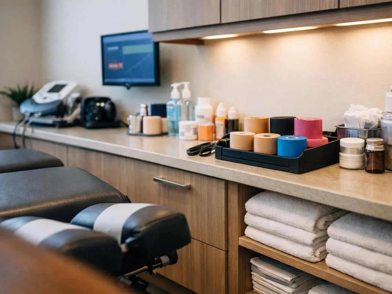 A massage table sits beside a tidy treatment counter with towels, bottles, and color rolls under cabinet lights