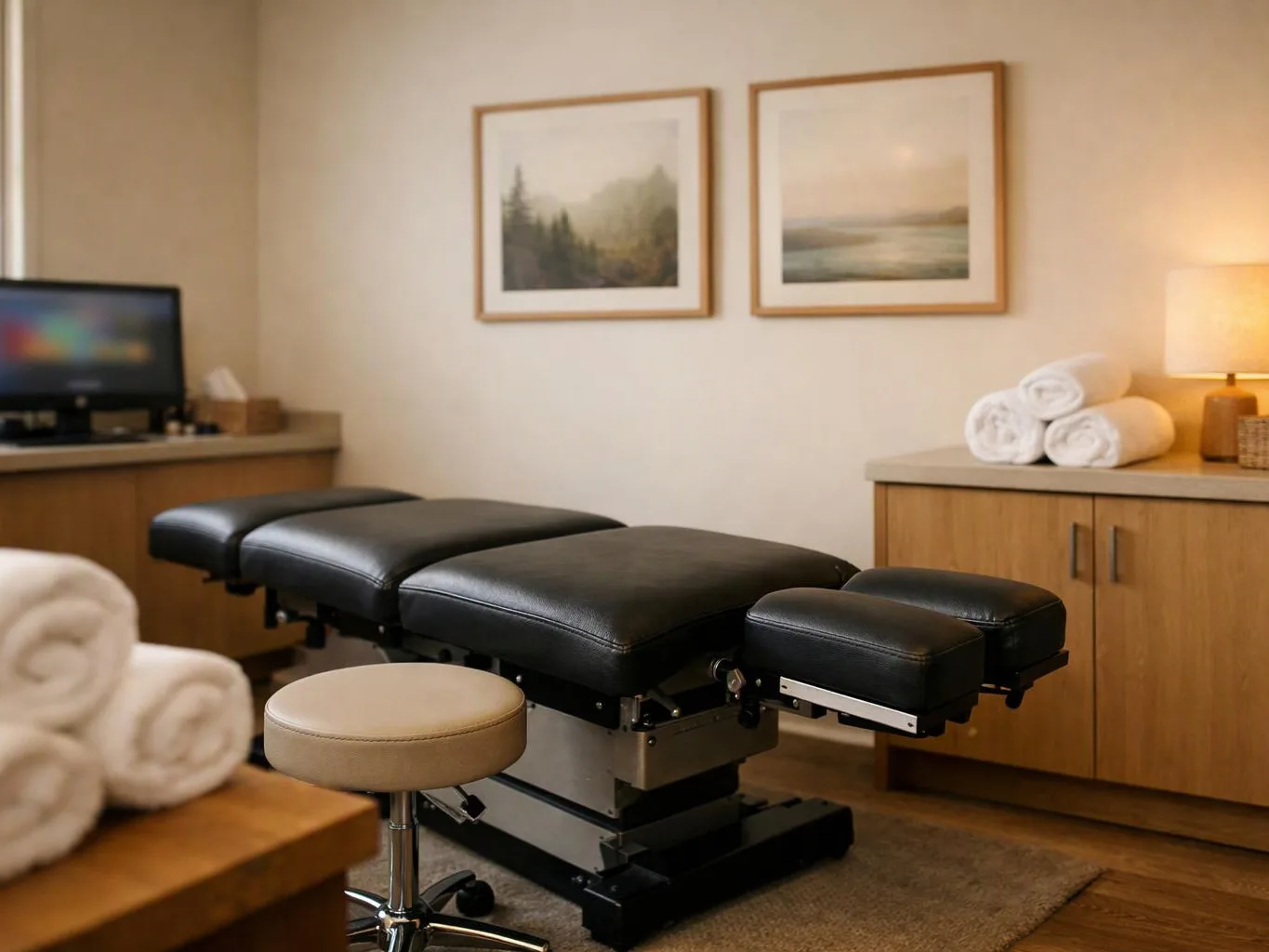 A massage table sits in a calm treatment room with folded towels, framed art, a stool, and warm lighting
