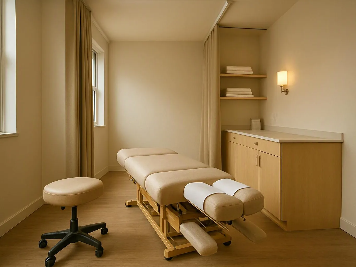 A massage table and stool sit in a quiet beige treatment room with shelves and a wall lamp