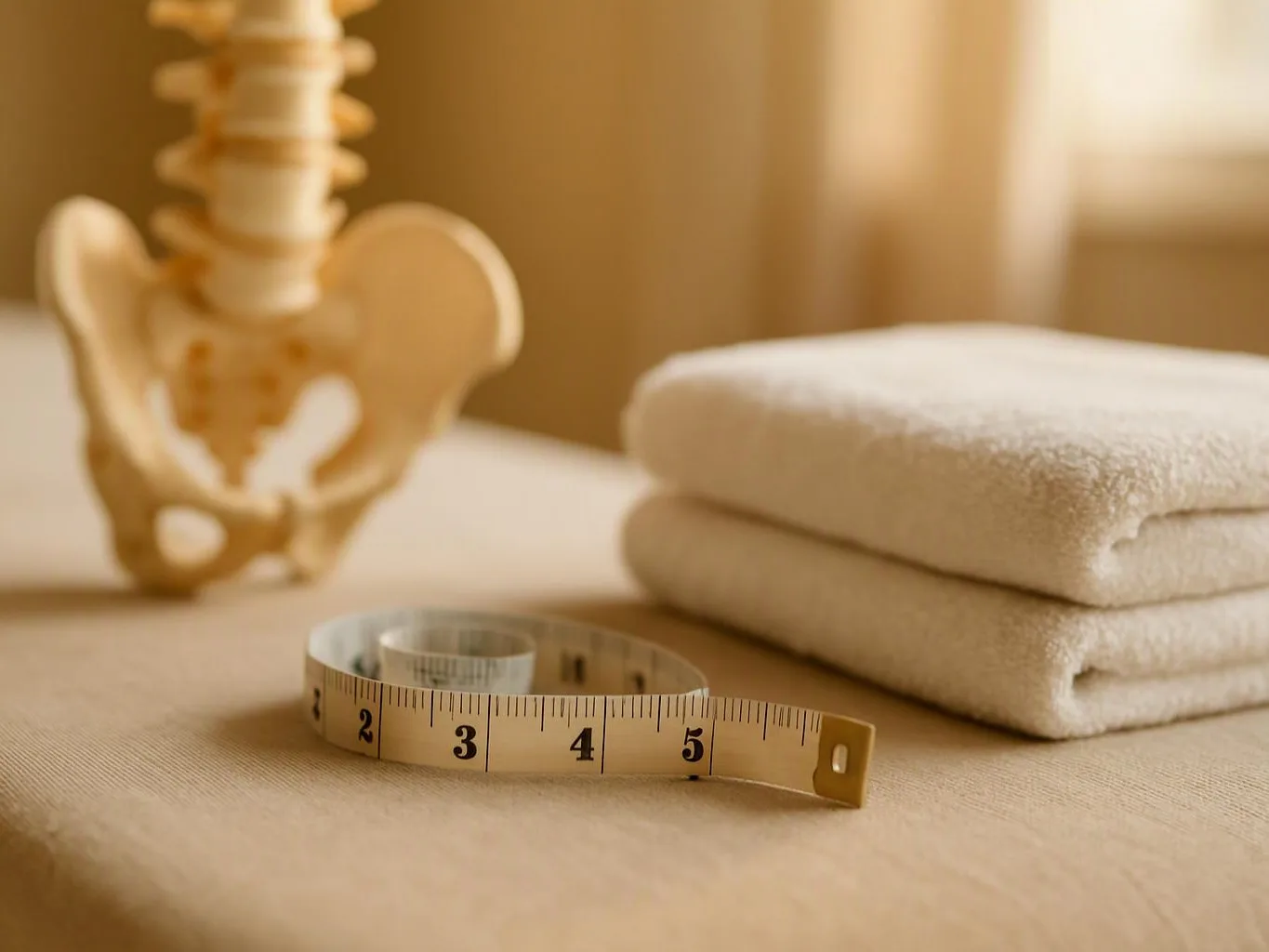A measuring tape lies beside folded towels and a pelvis model on a warm tabletop