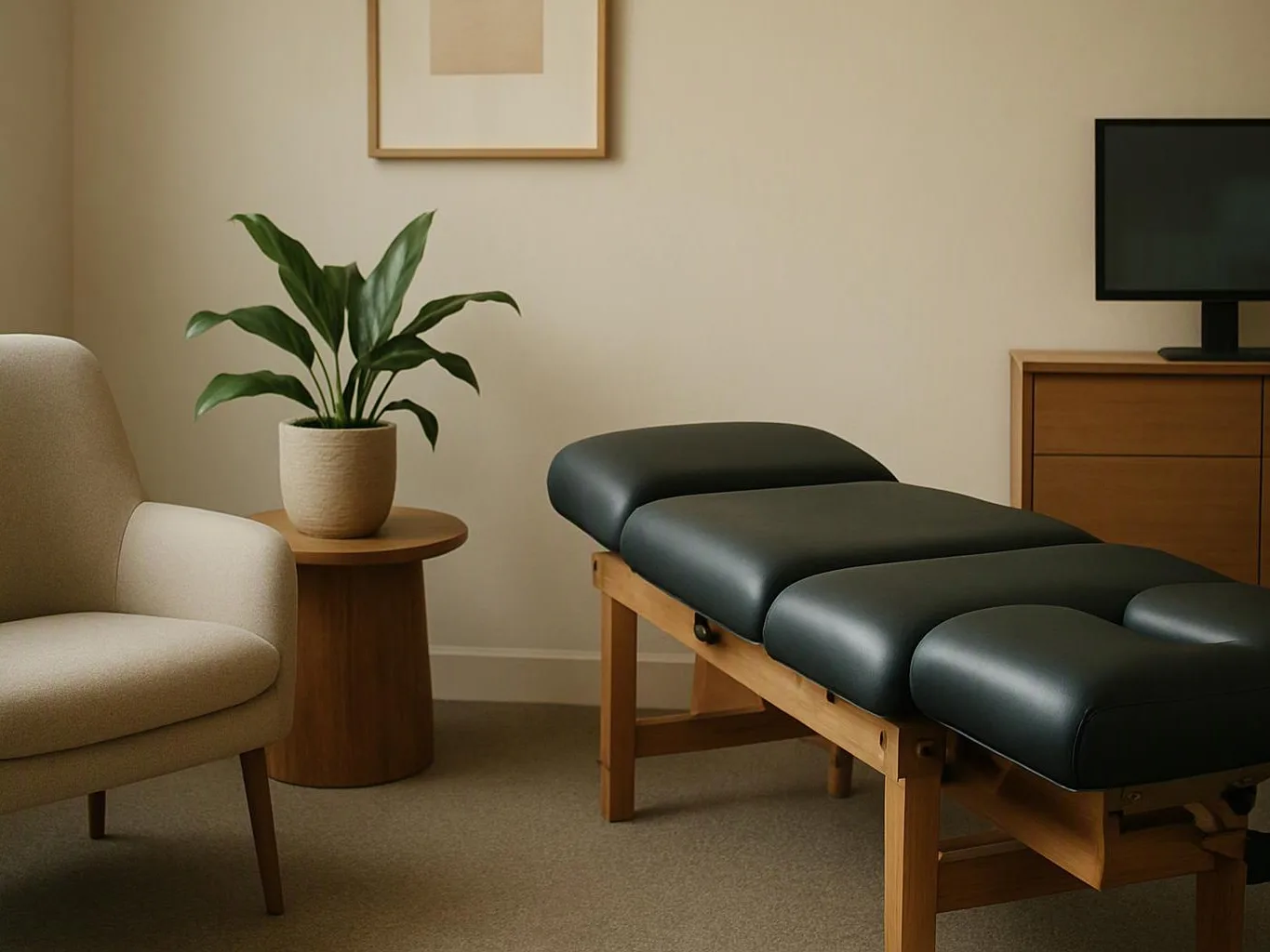 A minimalist treatment room shows a cushioned exam table, armchair, potted plant, and cabinet with a TV