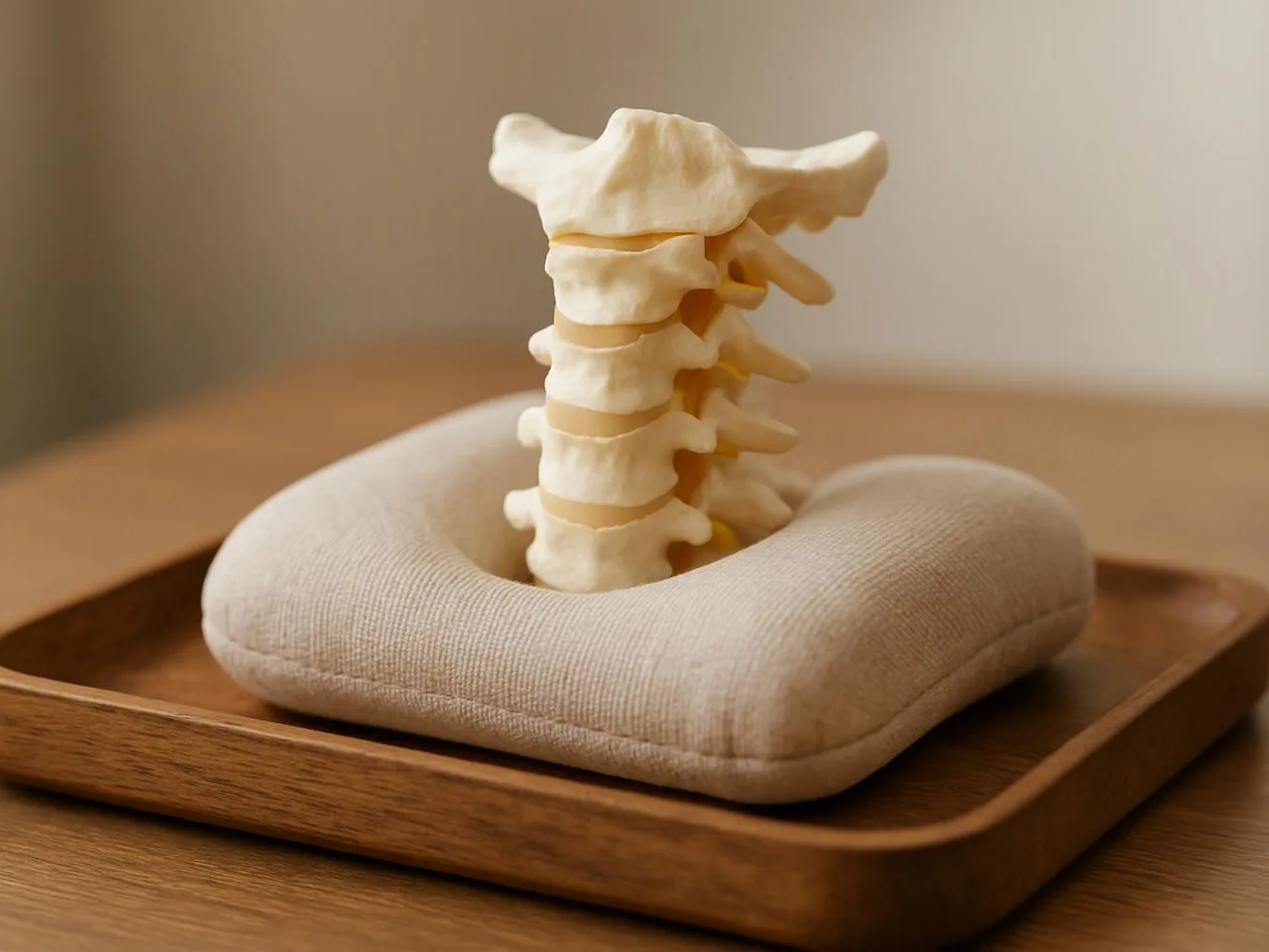 A model spine stands upright on a beige cushion inside a wooden tray
