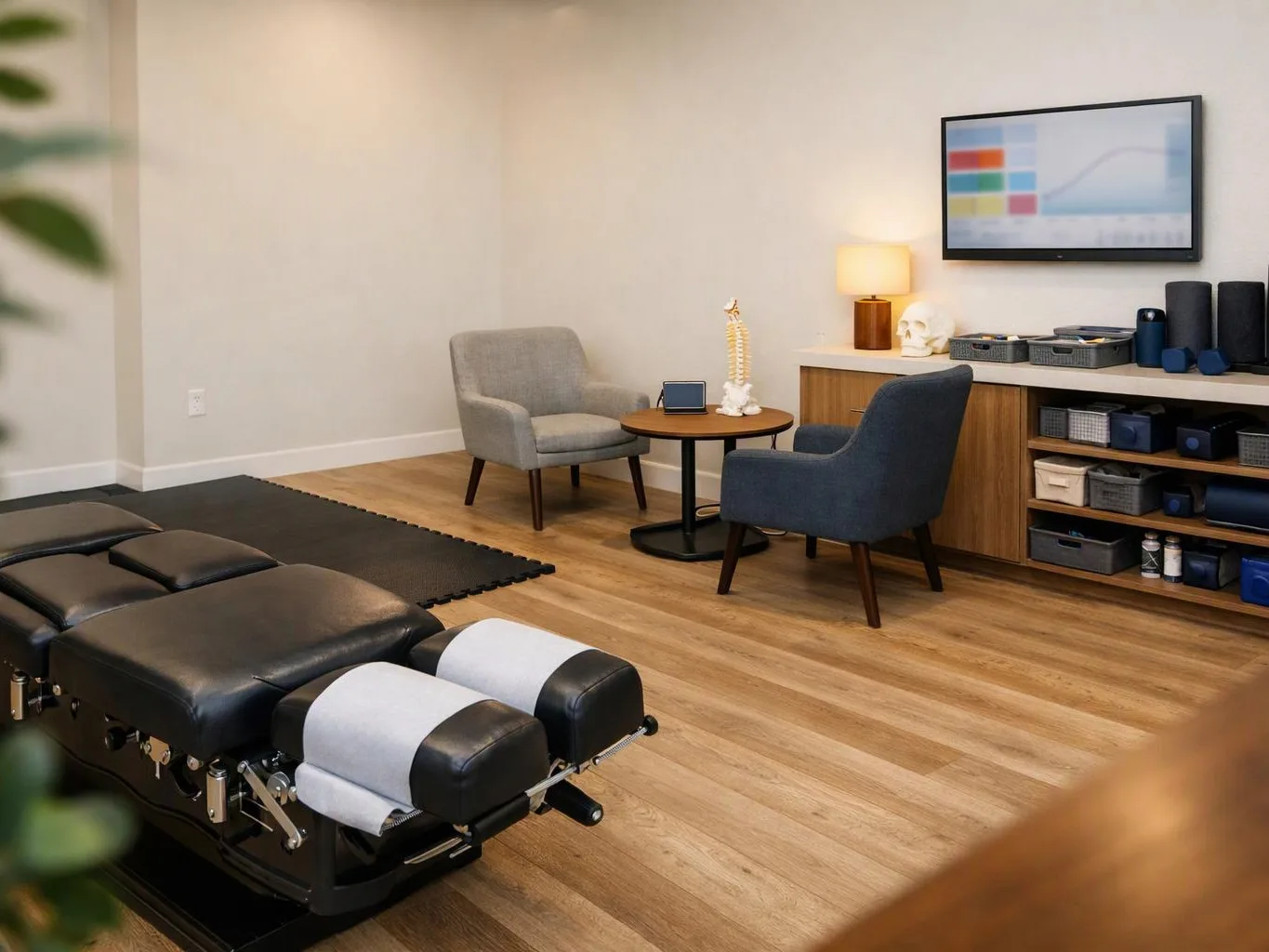 A modern treatment room has a black therapy table, two chairs, a small round table, and wall-mounted screen