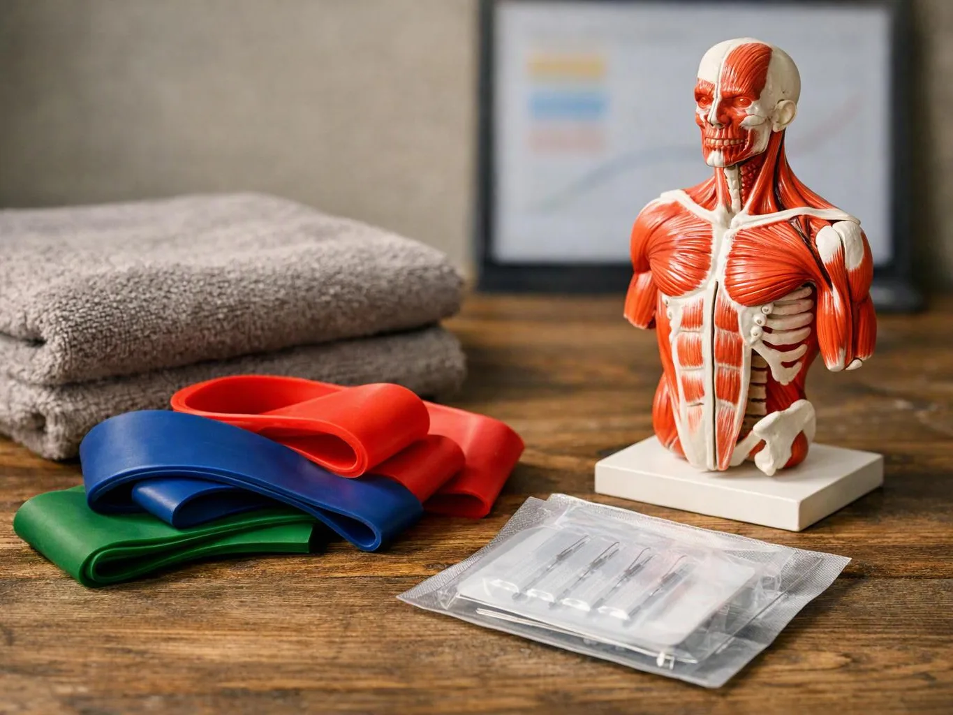 A muscle anatomy model sits beside resistance bands, folded towels, and a sealed packet on a wooden table