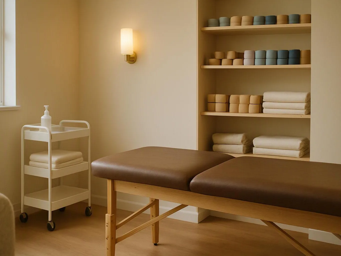 A neat spa room shows a massage table, folded towels on shelves, and a rolling cart with bottles