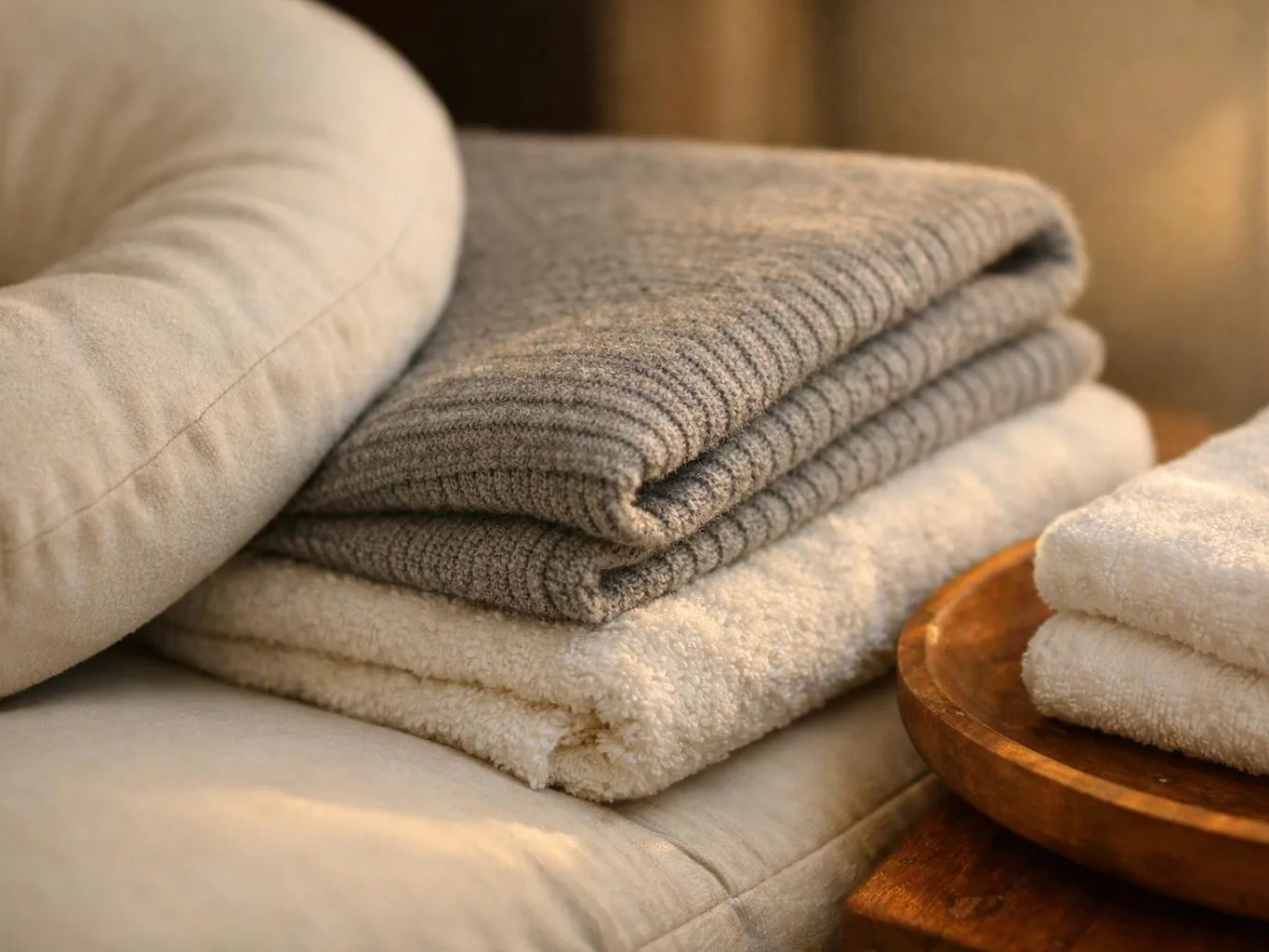 Neatly folded blankets and towels rest on a beige sofa beside a wooden tray