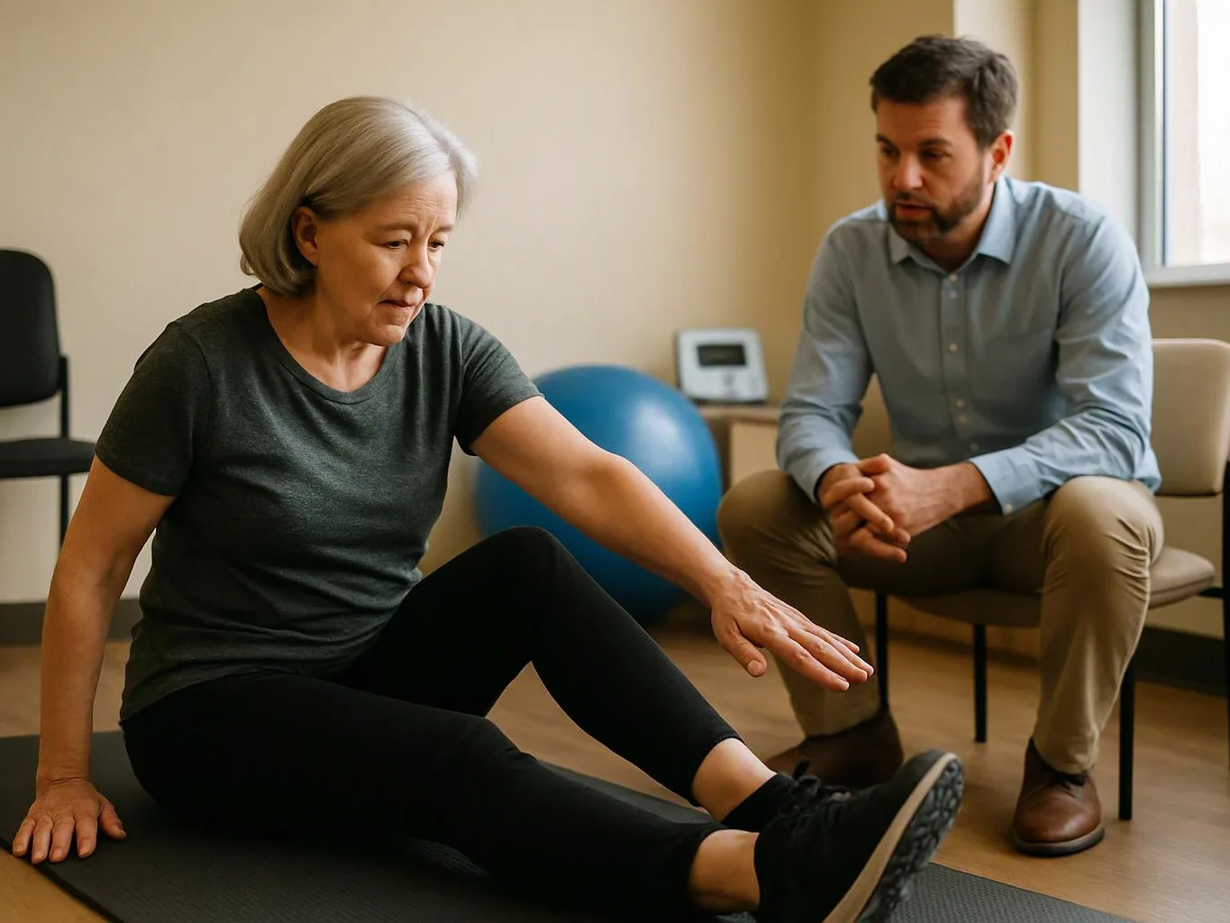 An older woman stretches on a mat while a man watches beside her in a quiet therapy room