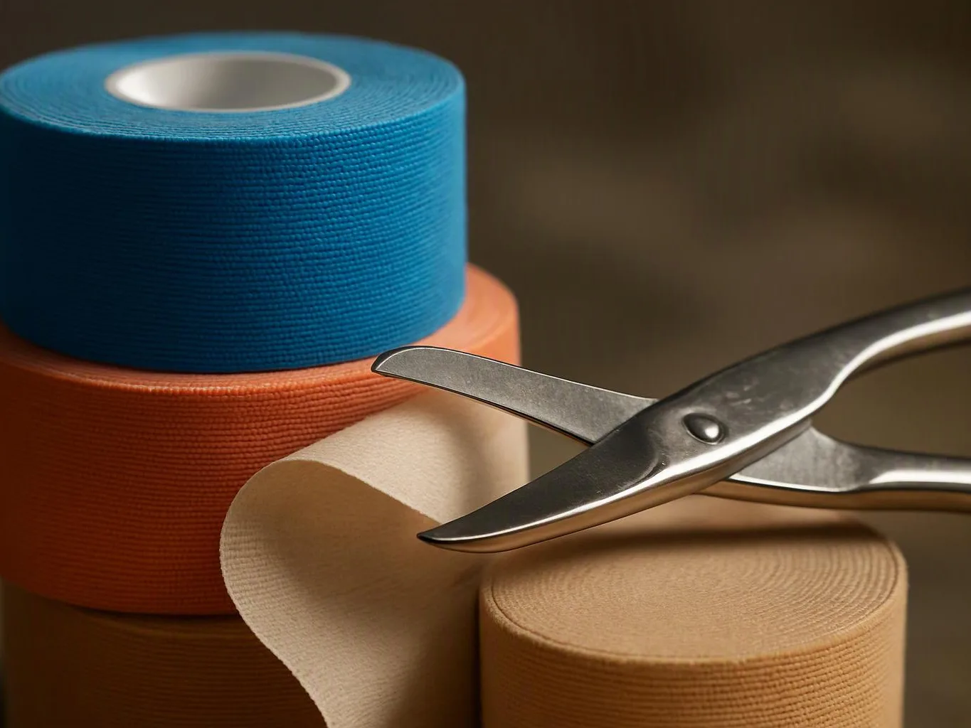 A pair of silver scissors cuts a beige tape roll beside stacked blue, orange, and tan rolls on a table
