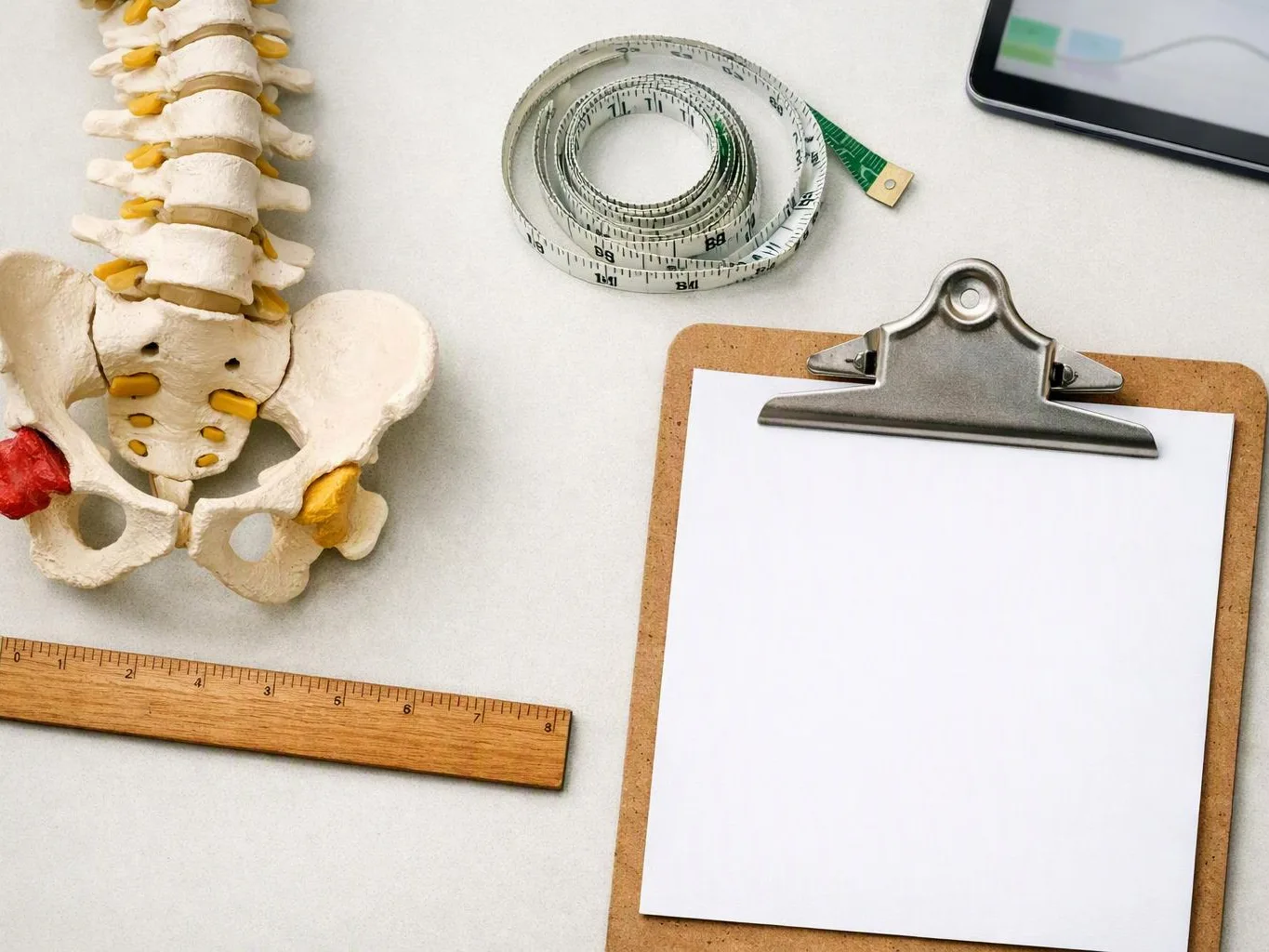 A pelvis model, measuring tape, ruler, clipboard, and tablet lie on a white desk