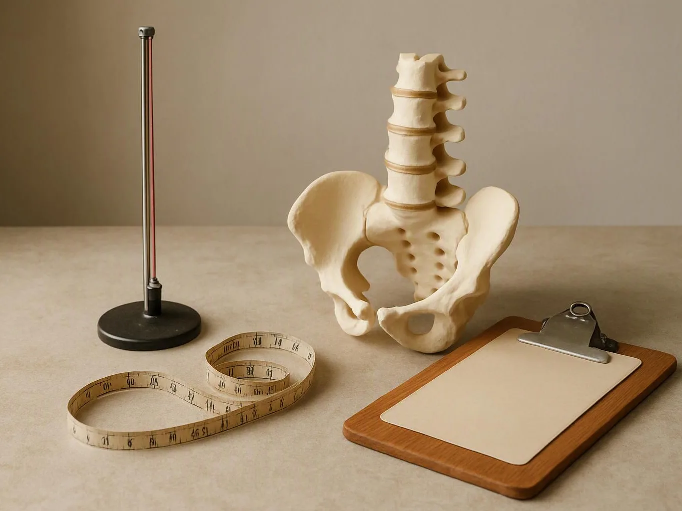 A pelvis model sits beside a measuring tape, clipboard, and stand on a plain tabletop