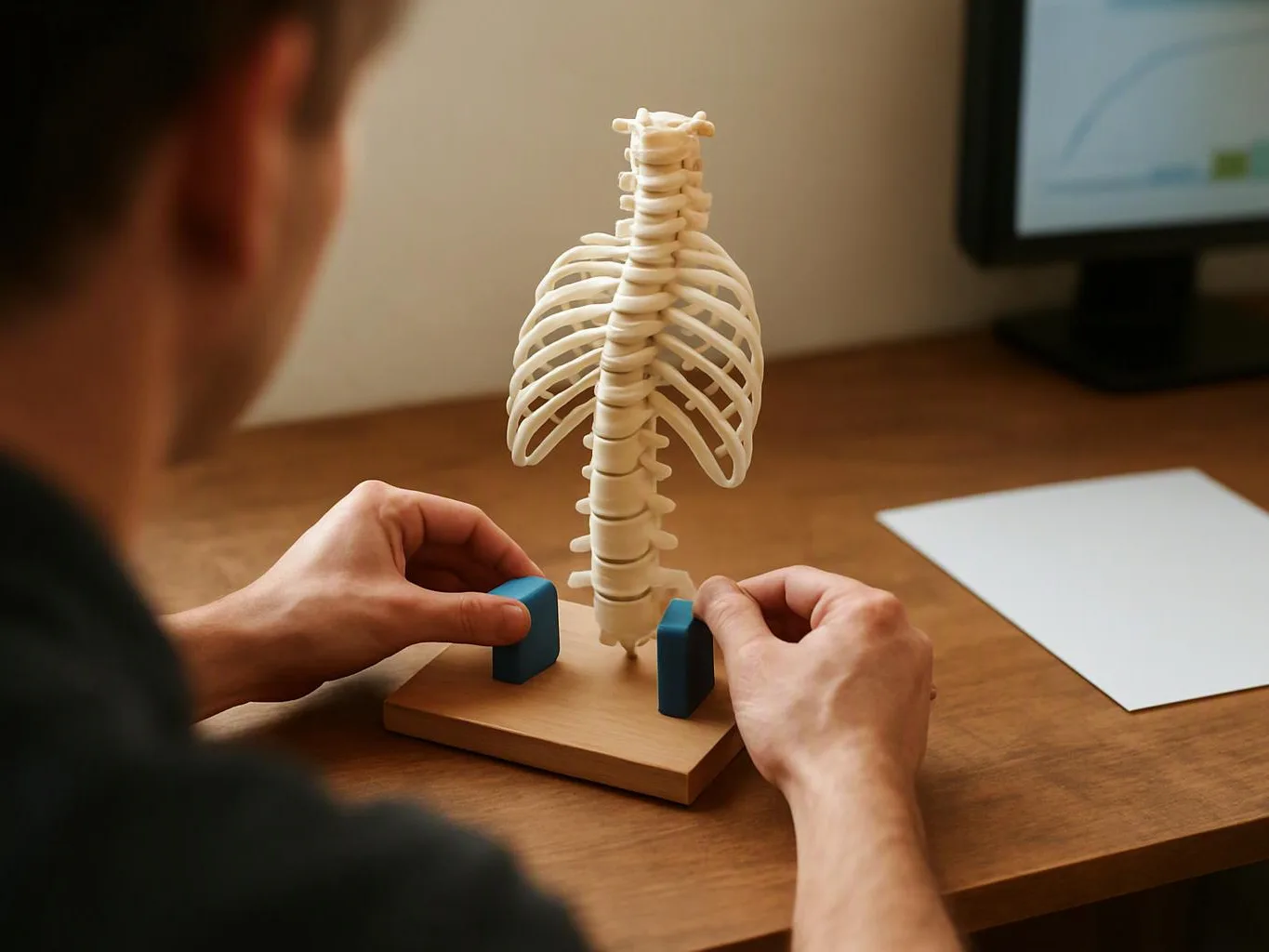 Person adjusts a small spine-and-rib model on a wooden desk beside a computer monitor