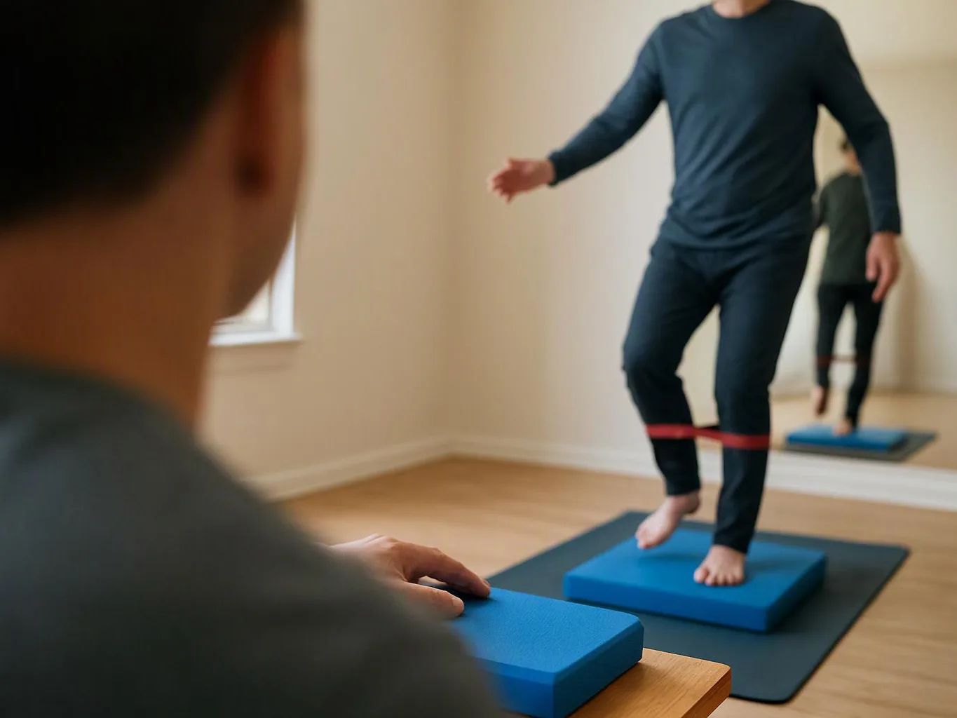 A person balances on a blue foam block with a resistance band around the legs while another watches nearby in a bright room
