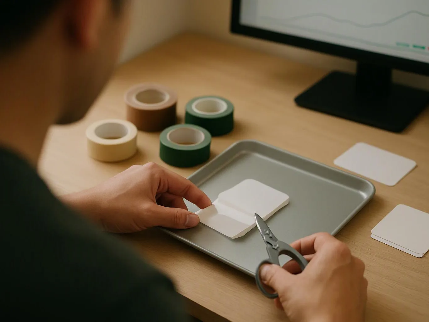 A person cuts white paper on a tray beside colored tape rolls and a computer monitor