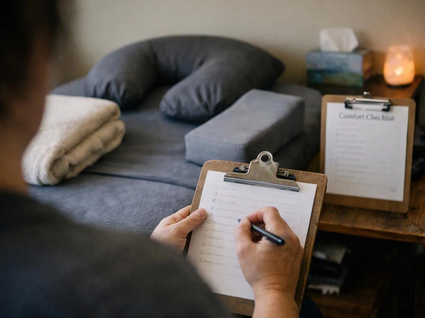 A person fills out a clipboard checklist beside a neatly made bed with folded towels and pillows