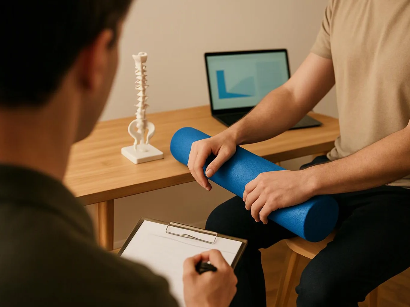A person holds a blue foam roller while sitting by a table with a spine model and laptop in a clinic room