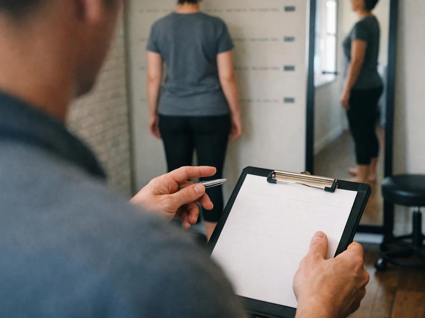 A person holds a clipboard and pen while two women stand near a mirror in a hallway