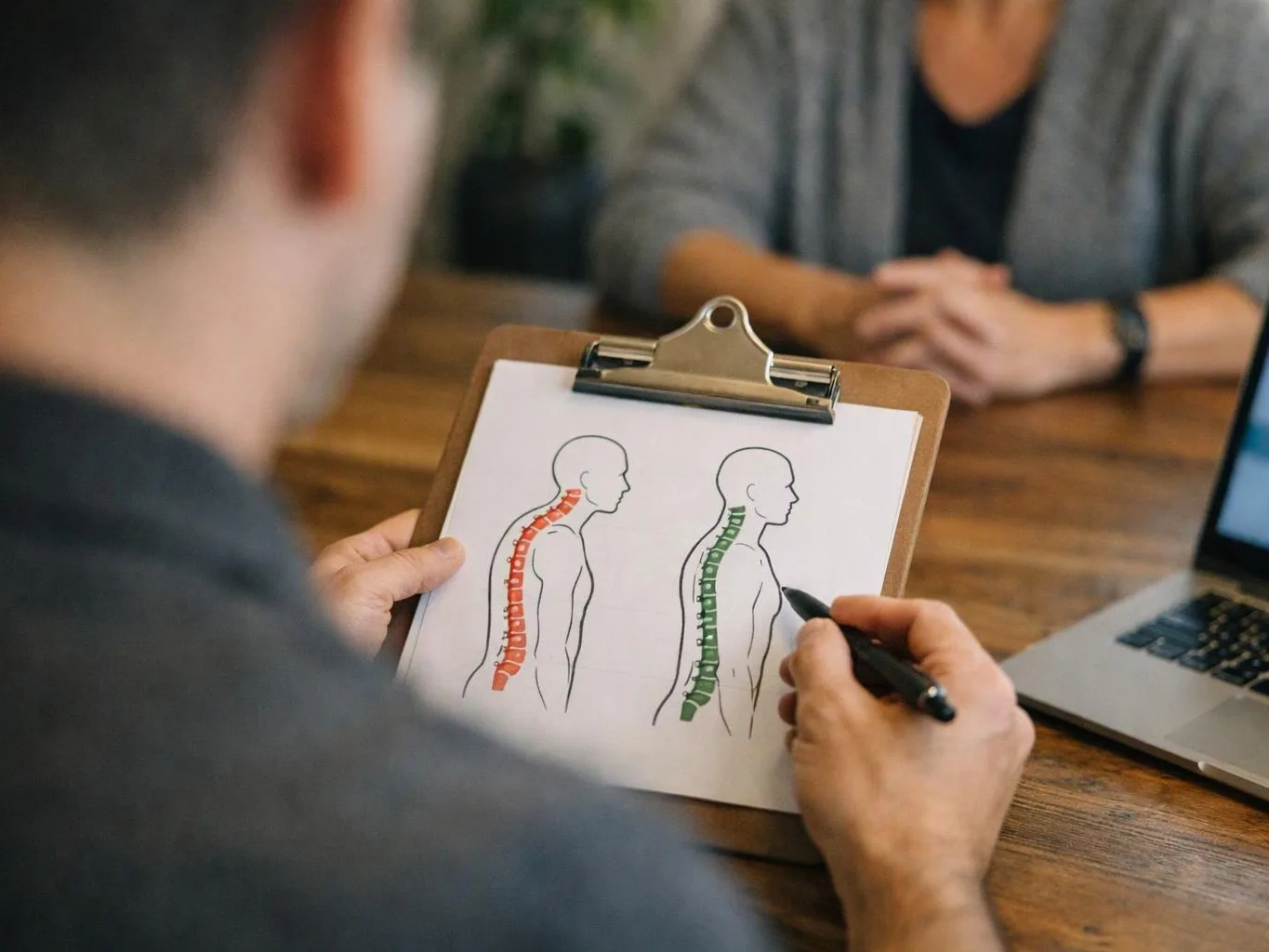 A person holds a clipboard showing spine diagrams while another person sits across a wooden table near a laptop