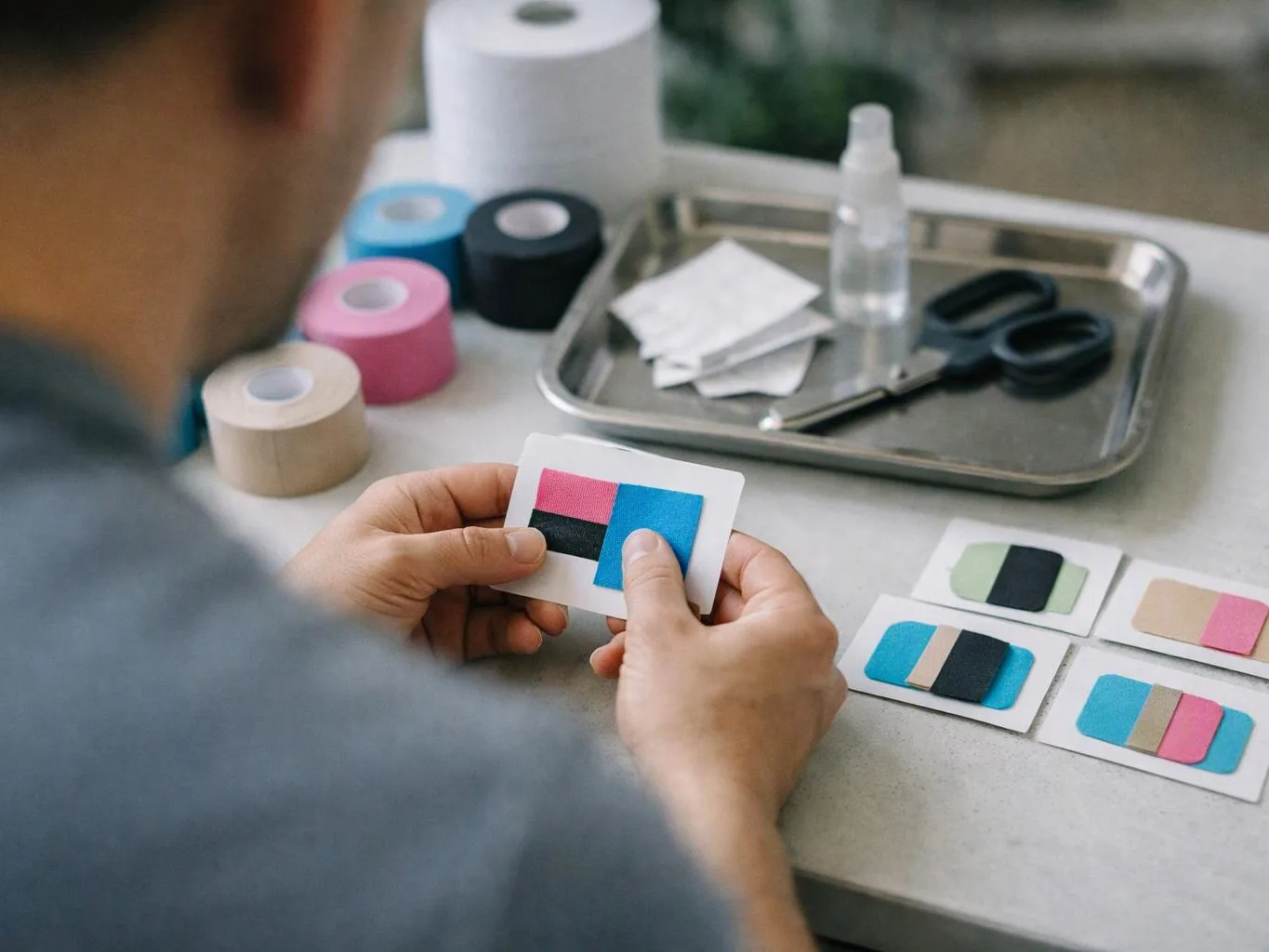 A person holds a color swatch card at a table with scissors, tape rolls, and sample cards spread out