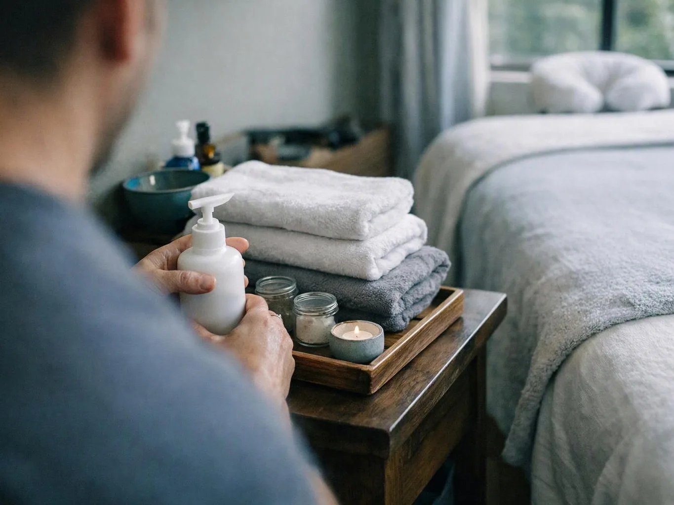 A person holds a lotion bottle beside folded towels, candles, and a neatly made bed in a calm bedroom