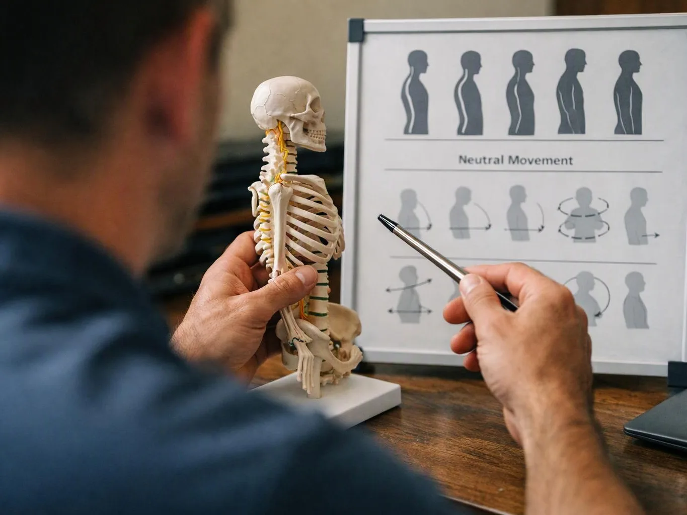 A person holds a small skeleton model and points at a posture chart on a desk
